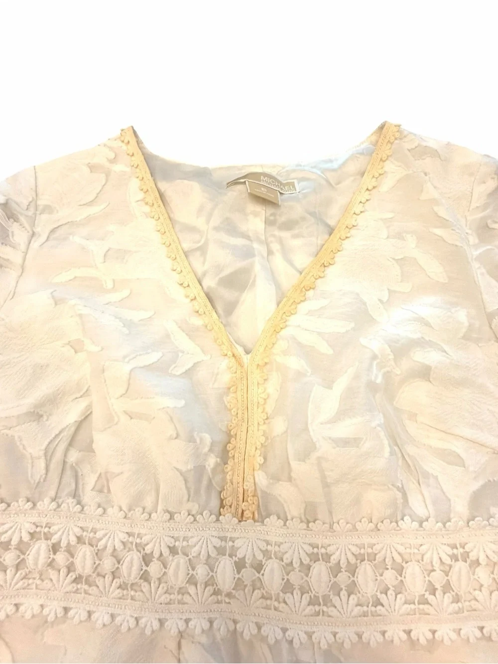 MICHAEL KORS Textured White Boho Lace V Neck 3/4 Sleeve Dress Women’s Size 6